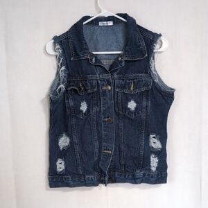 Chainscroll Distressed Denim Vest Button Front Size Medium